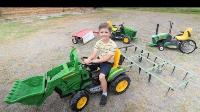 'Using kids tractors to plow dirt and cut hay compilation | Tractors for kids'