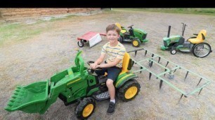 'Using kids tractors to plow dirt and cut hay compilation | Tractors for kids'