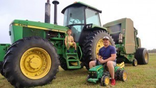 'Real tractors on the farm baling hay | Hudson fixing broken tractor | Tractors for kids'