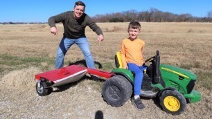 'Using kids tractor to mow grass with new hay cutter | Tractors for kids'