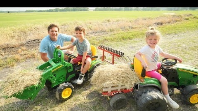 'Using kids tractors to clean hay from barn and fields | Tractors for kids'