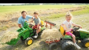 'Using kids tractors to clean hay from barn and fields | Tractors for kids'