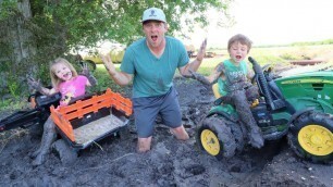 'Playing in the deep mud with our toy and real tractors | Tractors for kids'