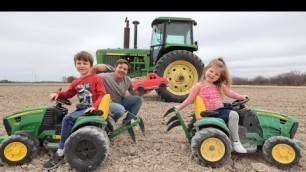 'Using kids tractors to plow up hidden toys in dirt | Tractors for kids'