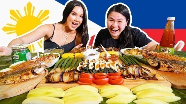 'Foreigners Try Filipino Food! PRITONG ISDA, MANGGA, BAGOONG!  Philippines Food KAMAYAN Boodle Fight'