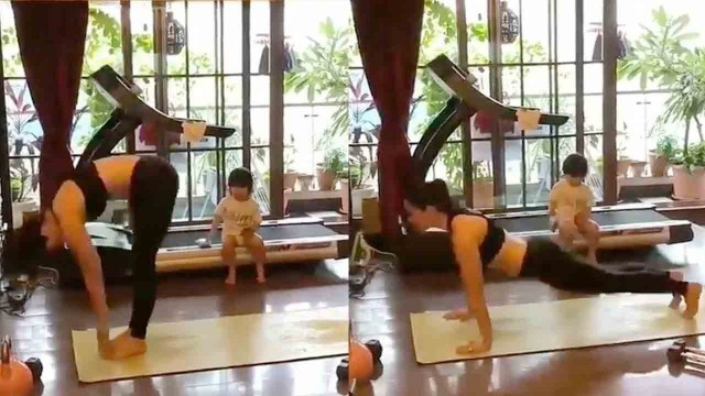 'Taumur Ali Khan CUTELY watches Mommy Kareena Kapoor Do Morning Yoga in House Sitting on Tredmill'